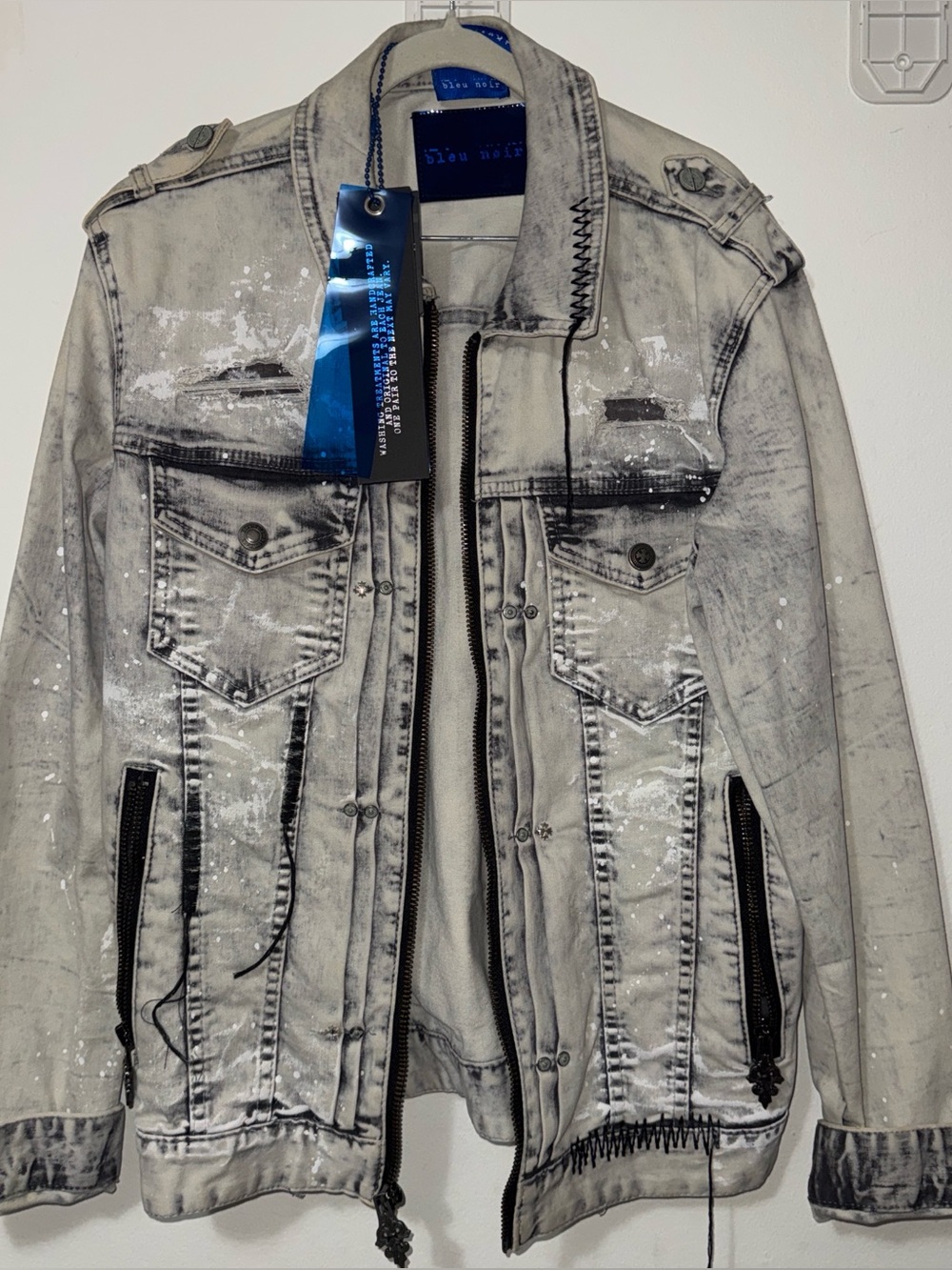 Men’s Washed Gray Denim Jacket with Paint-Splatter Detail